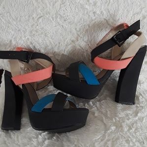 Multicolored black platform wedges